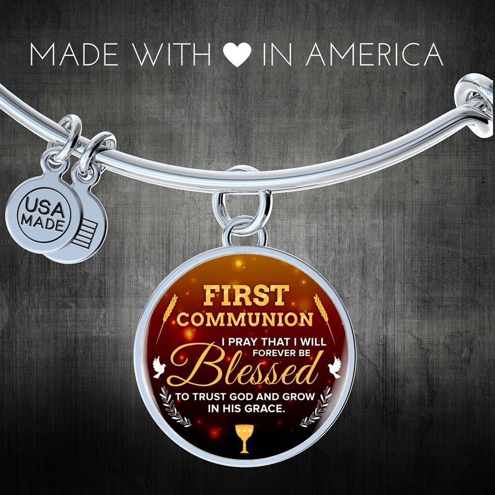 Forever Be Blessed First Communion Stainless Steel or 18k Gold Circle Bangle Bracelet - Express Your Love Gifts