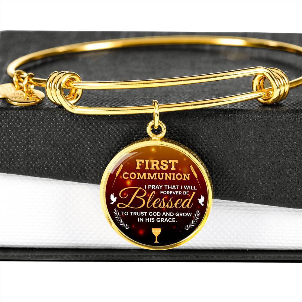 Forever Be Blessed First Communion Stainless Steel or 18k Gold Circle Bangle Bracelet - Express Your Love Gifts