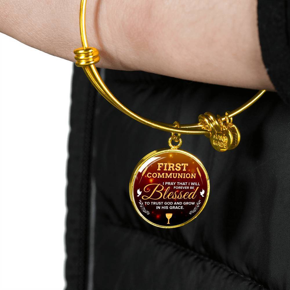 Forever Be Blessed First Communion Stainless Steel or 18k Gold Circle Bangle Bracelet - Express Your Love Gifts