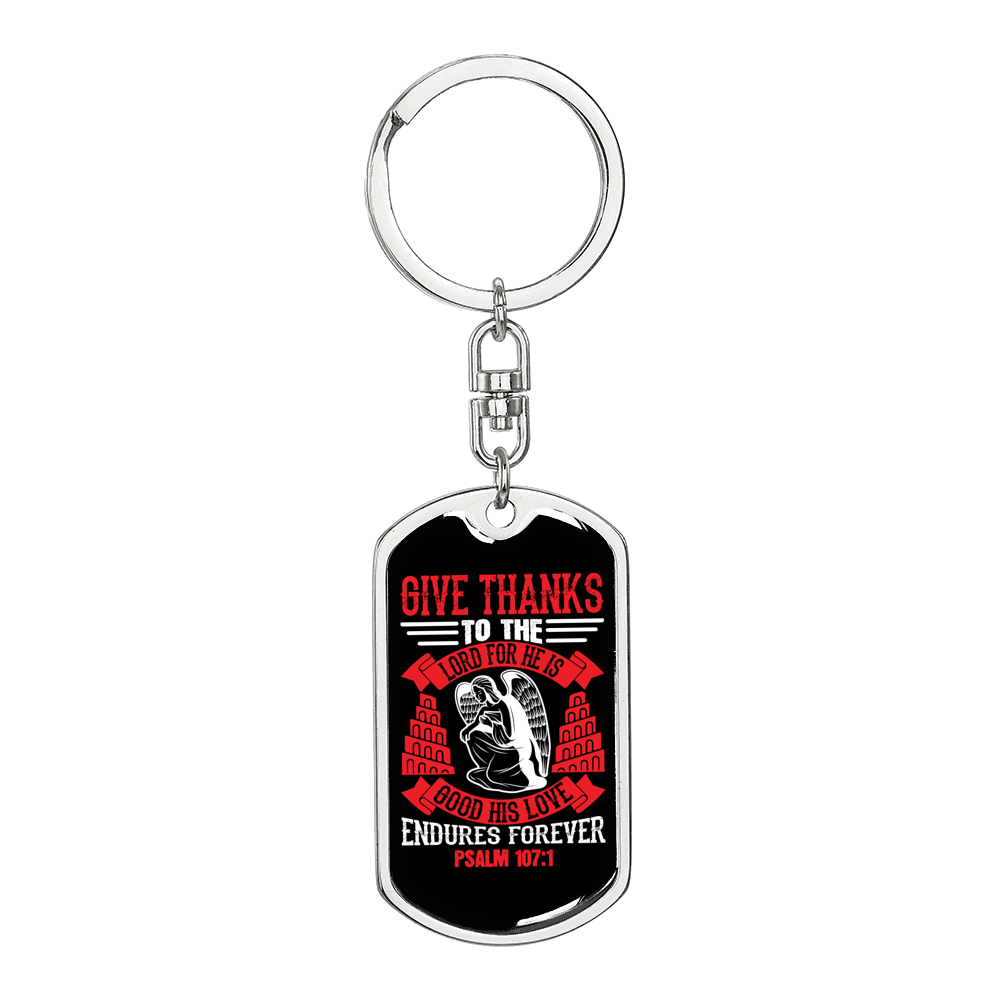 Give Thanks Psalm 107:1 Red Keychain Stainless Steel or 18k Gold Dog Tag Keyring-Express Your Love Gifts