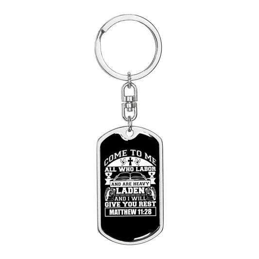 Give You Rest Matthew 11:28 White Keychain Stainless Steel or 18k Gold Dog Tag Keyring-Express Your Love Gifts