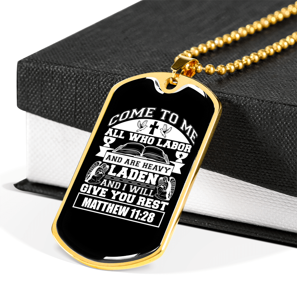 Give You Rest Matthew 11:28 White Necklace Stainless Steel or 18k Gold Dog Tag 24" Chain-Express Your Love Gifts