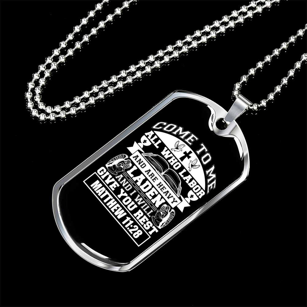Give You Rest Matthew 11:28 White Necklace Stainless Steel or 18k Gold Dog Tag 24" Chain-Express Your Love Gifts