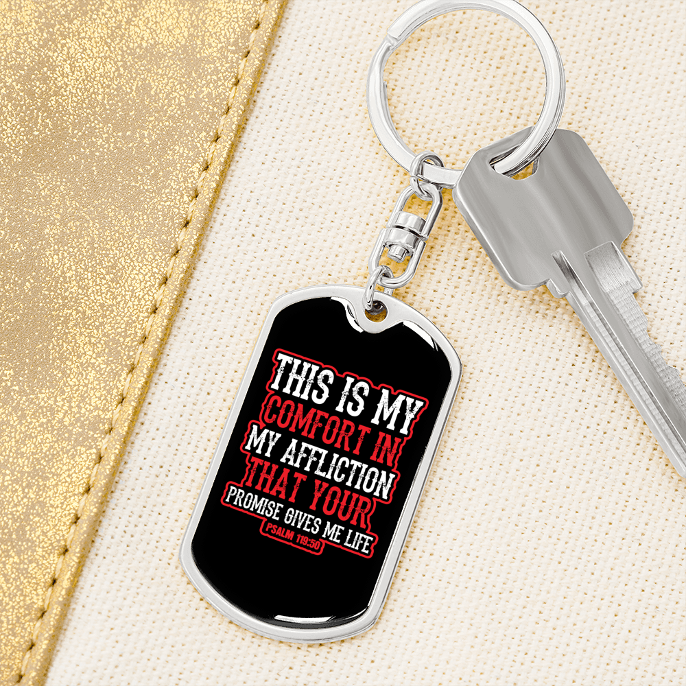 Gives Me Life Psalm 119:50 Keychain Stainless Steel or 18k Gold Dog Tag Keyring-Express Your Love Gifts