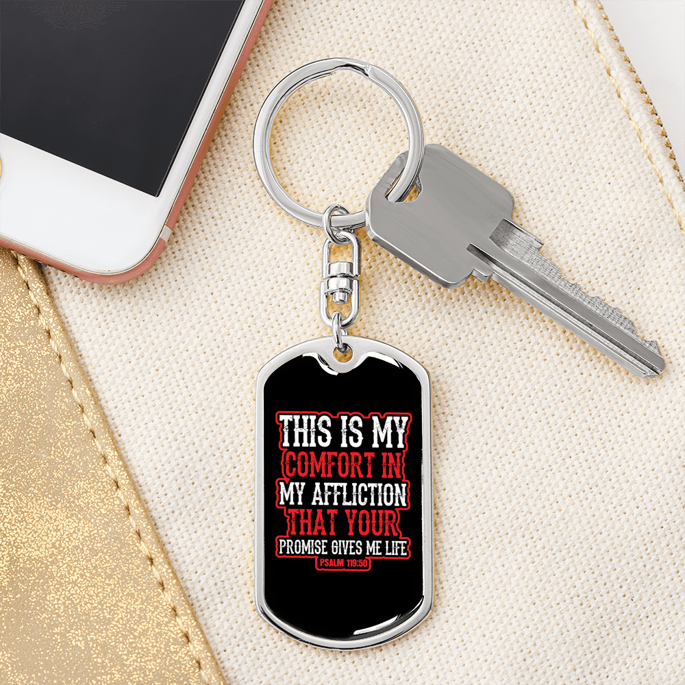 Gives Me Life Psalm 119:50 Keychain Stainless Steel or 18k Gold Dog Tag Keyring-Express Your Love Gifts