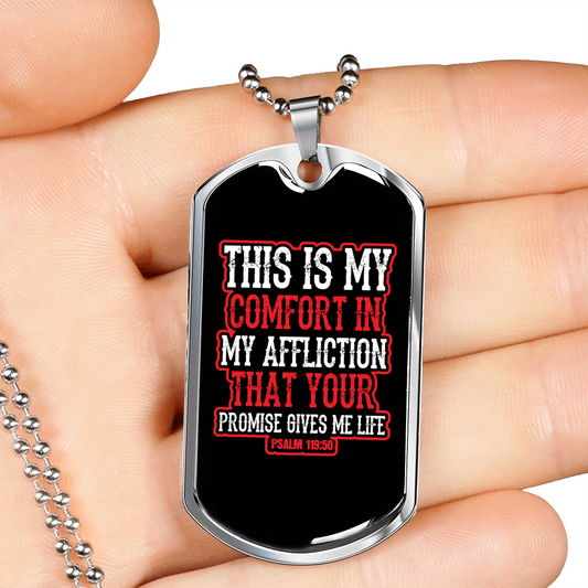 Gives Me Life Psalm 119:50 Necklace Stainless Steel or 18k Gold Dog Tag 24" Chain-Express Your Love Gifts