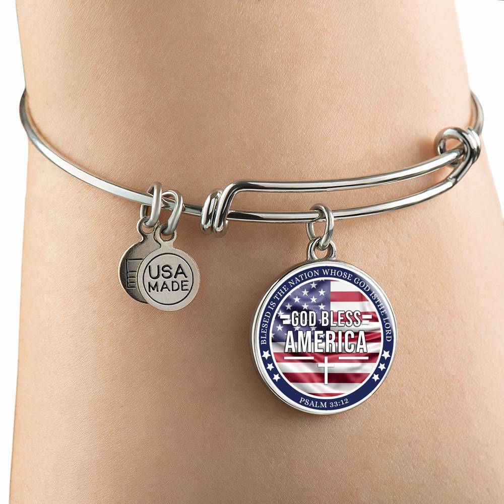 God Bless America Flag Stainless Steel or 18k Gold Circle Bangle Bracelet - Express Your Love Gifts