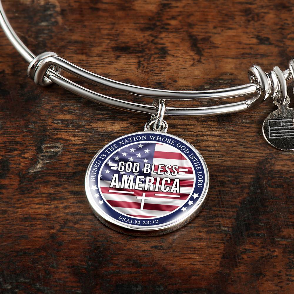 God Bless America Flag Stainless Steel or 18k Gold Circle Bangle Bracelet - Express Your Love Gifts