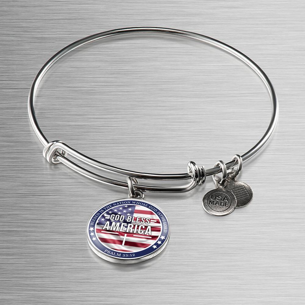 God Bless America Flag Stainless Steel or 18k Gold Circle Bangle Bracelet - Express Your Love Gifts
