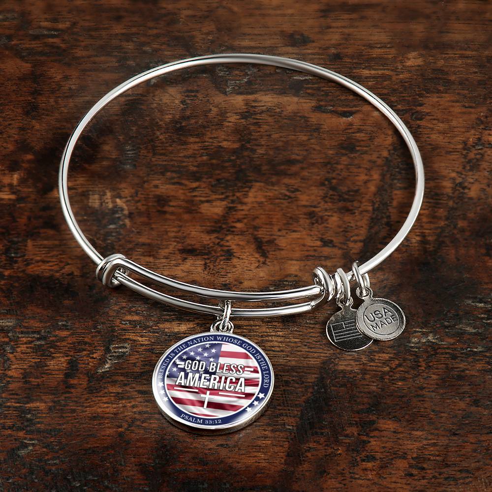 God Bless America Flag Stainless Steel or 18k Gold Circle Bangle Bracelet - Express Your Love Gifts