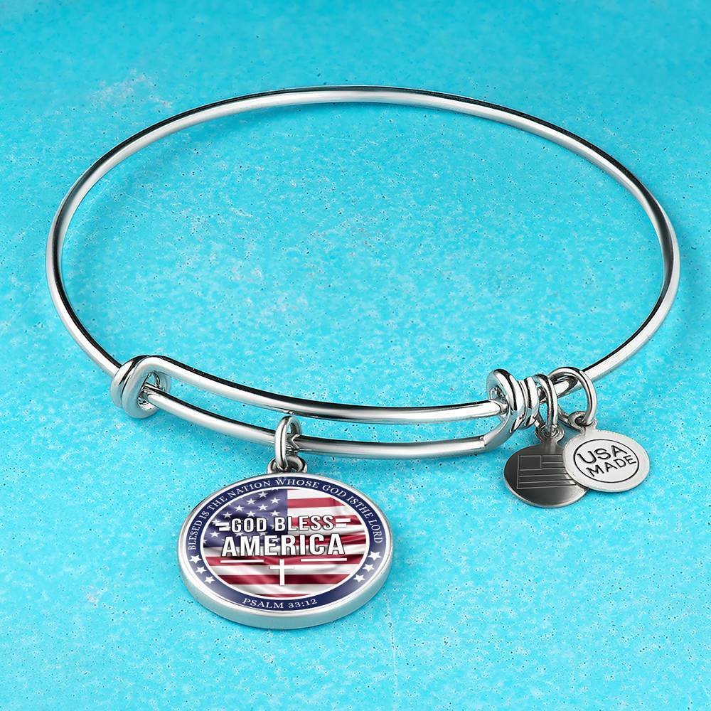 God Bless America Flag Stainless Steel or 18k Gold Circle Bangle Bracelet - Express Your Love Gifts