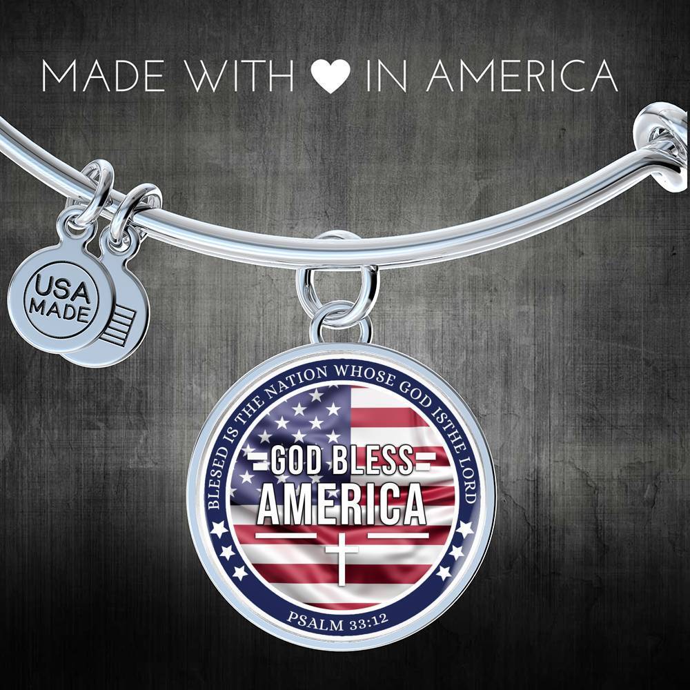 God Bless America Flag Stainless Steel or 18k Gold Circle Bangle Bracelet - Express Your Love Gifts