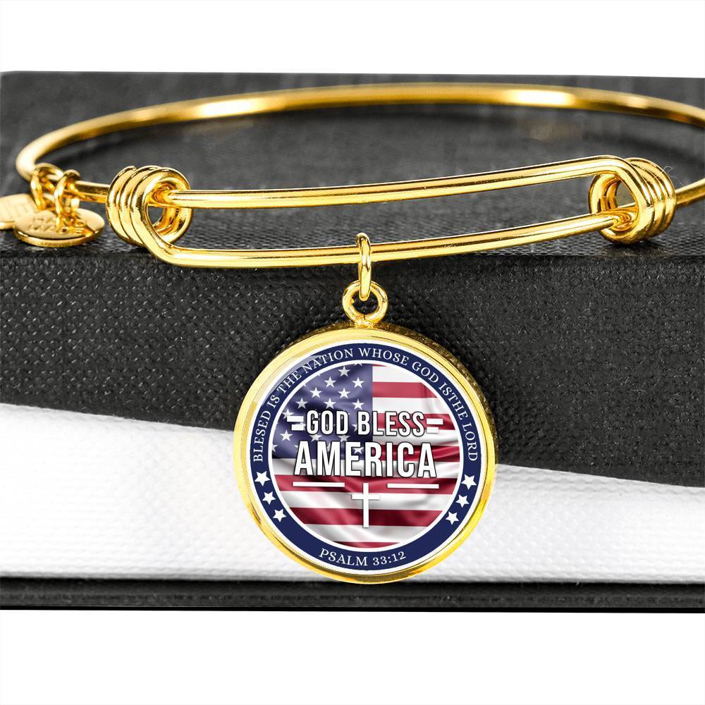 God Bless America Flag Stainless Steel or 18k Gold Circle Bangle Bracelet - Express Your Love Gifts