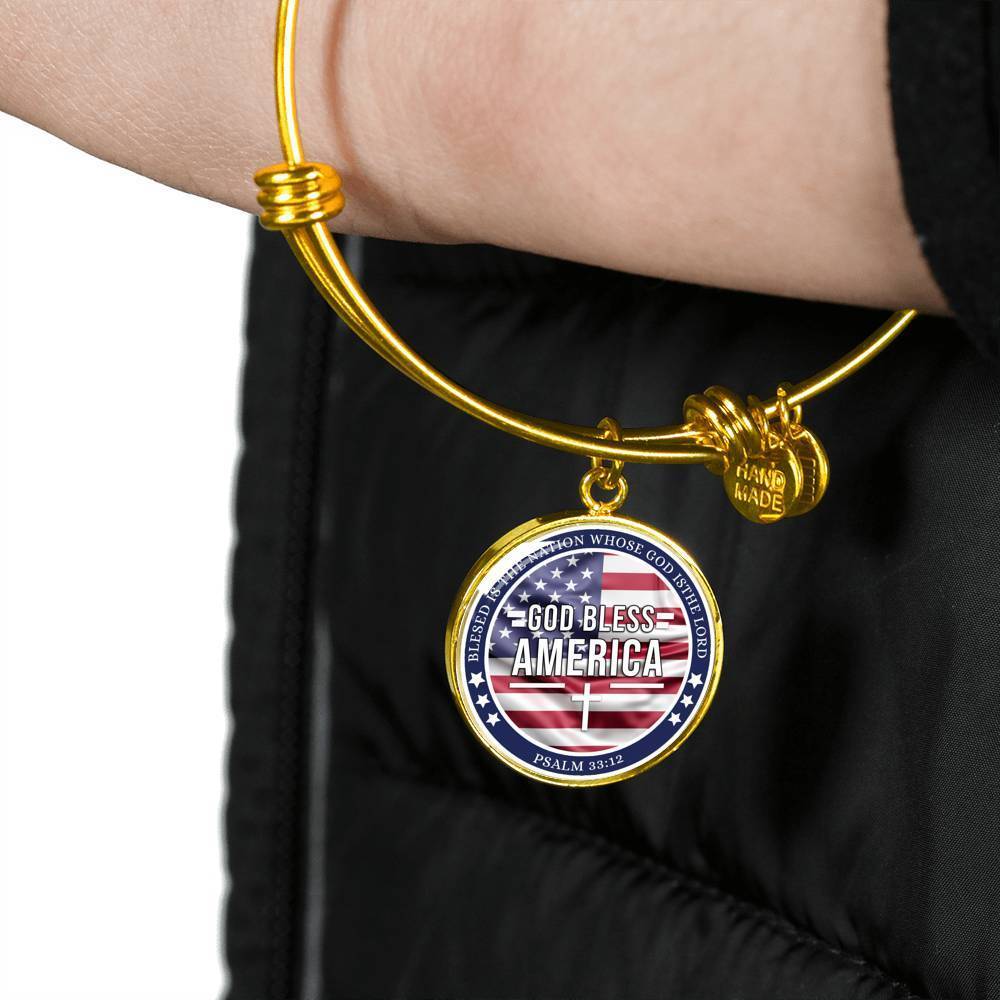 God Bless America Flag Stainless Steel or 18k Gold Circle Bangle Bracelet - Express Your Love Gifts