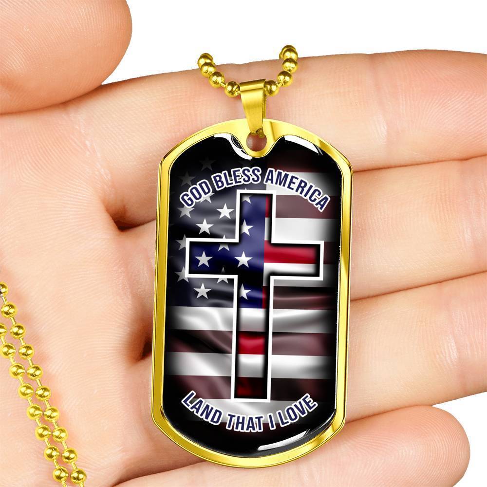 God Bless America Necklace Stainless Steel or 18k Gold Dog Tag 24" Chain-Express Your Love Gifts