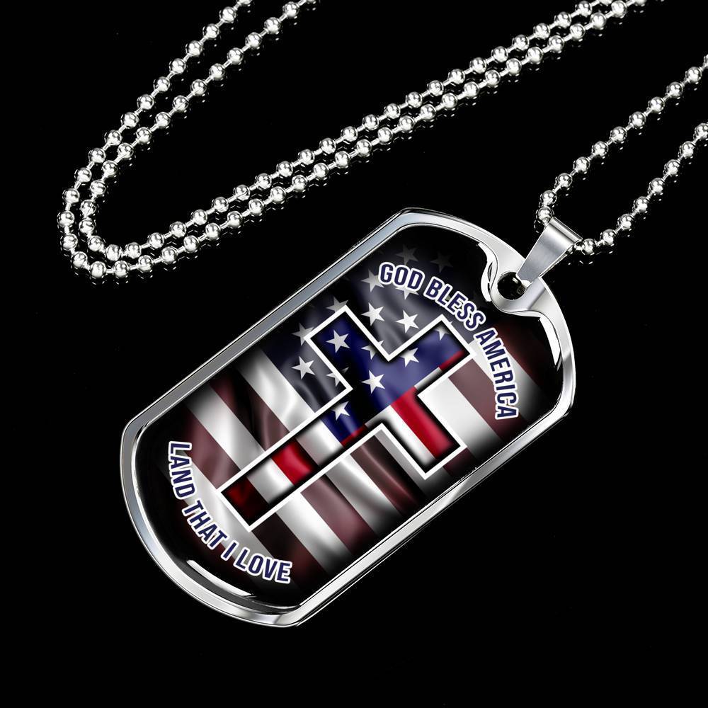 God Bless America Necklace Stainless Steel or 18k Gold Dog Tag 24" Chain-Express Your Love Gifts