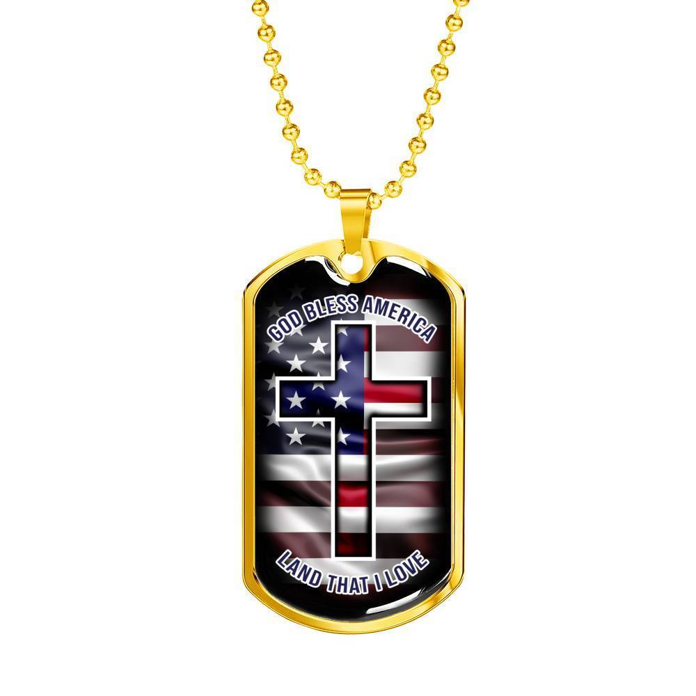 God Bless America Necklace Stainless Steel or 18k Gold Dog Tag 24" Chain