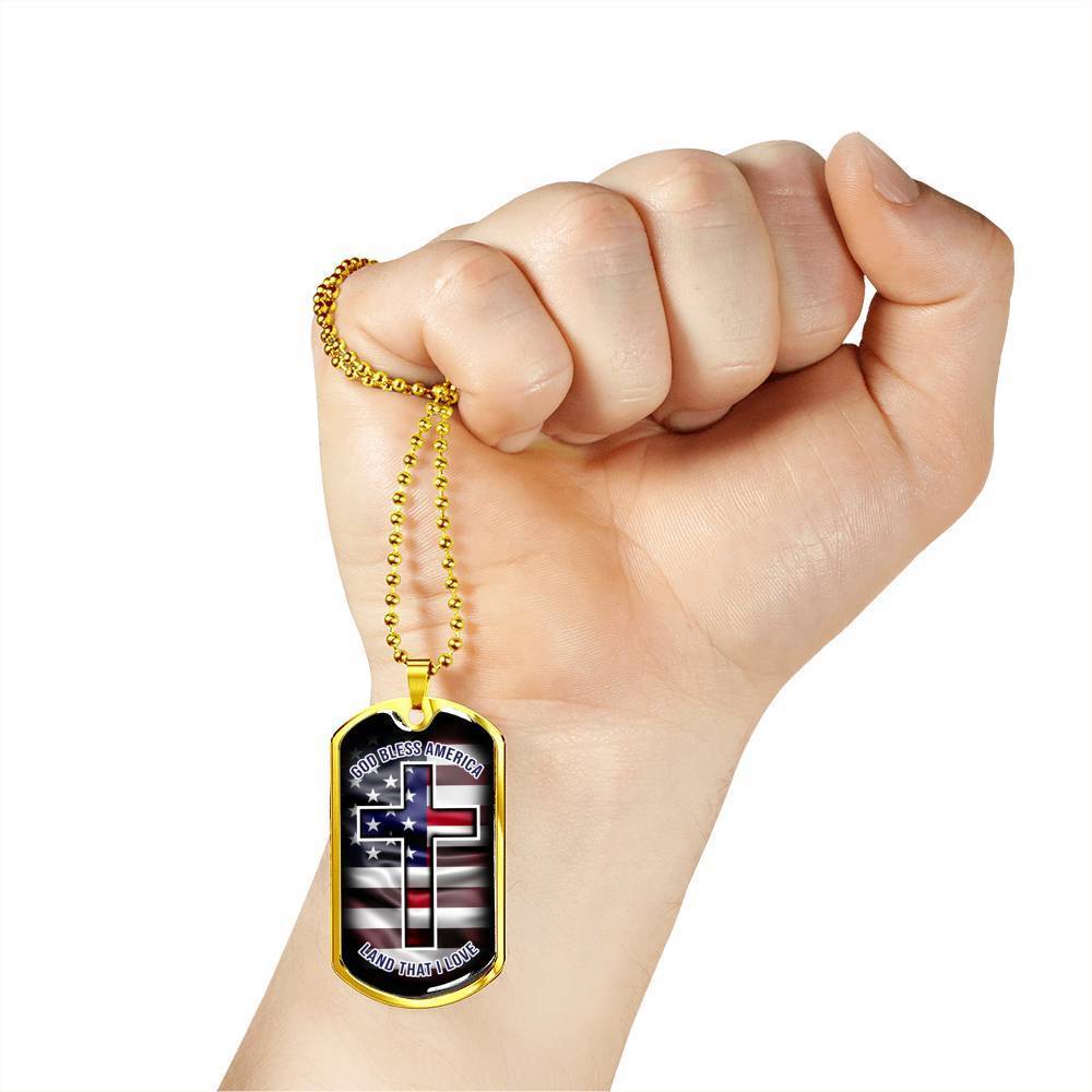 God Bless America Necklace Stainless Steel or 18k Gold Dog Tag 24" Chain-Express Your Love Gifts
