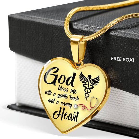 God Bless Me Nurse Gift Heart Pendant Stainless Steel or 18k Gold 18-22" - Express Your Love Gifts