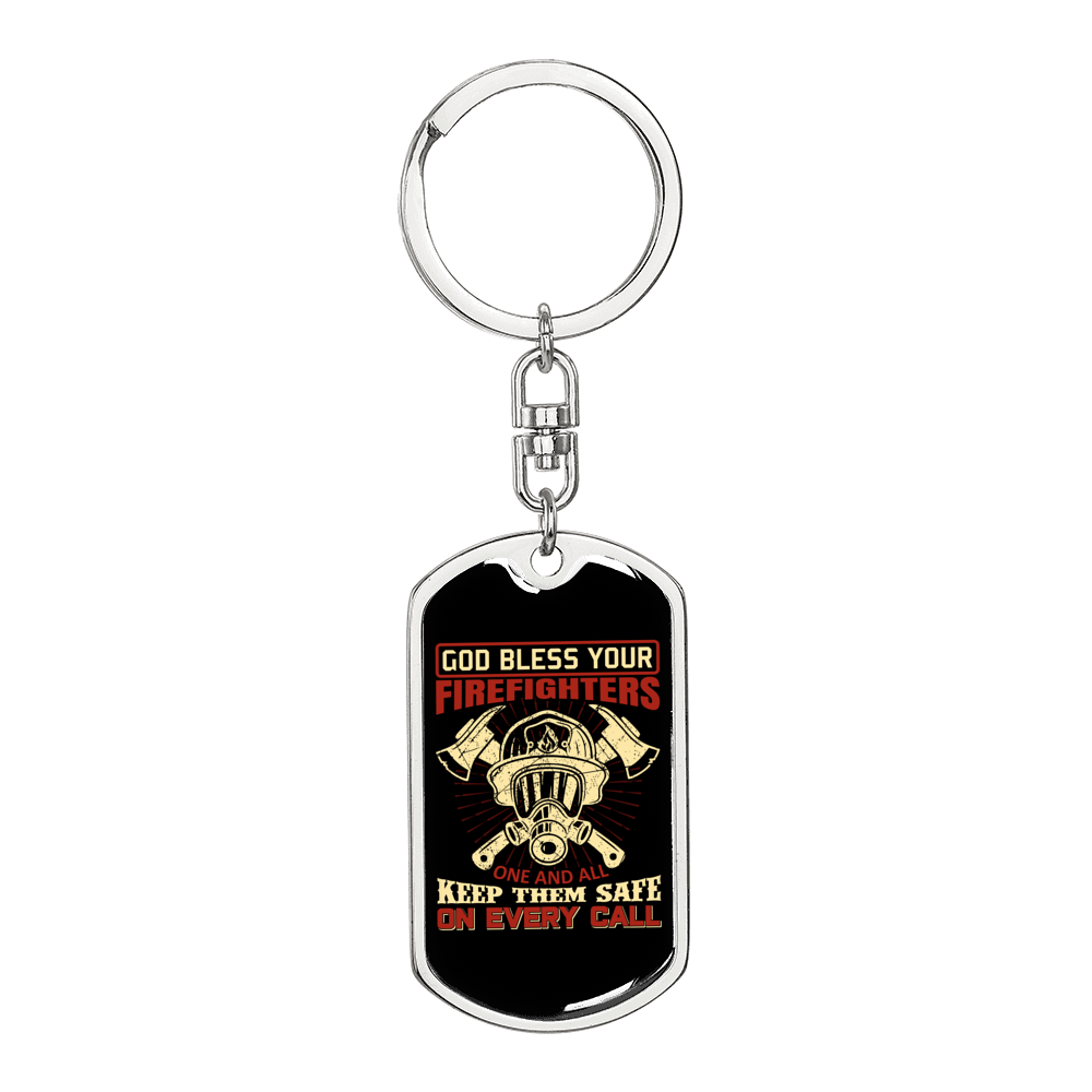 God Bless Your Firefighters Keychain Stainless Steel or 18k Gold Dog Tag Keyring-Express Your Love Gifts
