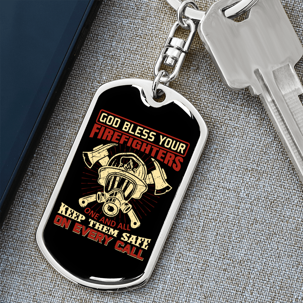 God Bless Your Firefighters Keychain Stainless Steel or 18k Gold Dog Tag Keyring-Express Your Love Gifts
