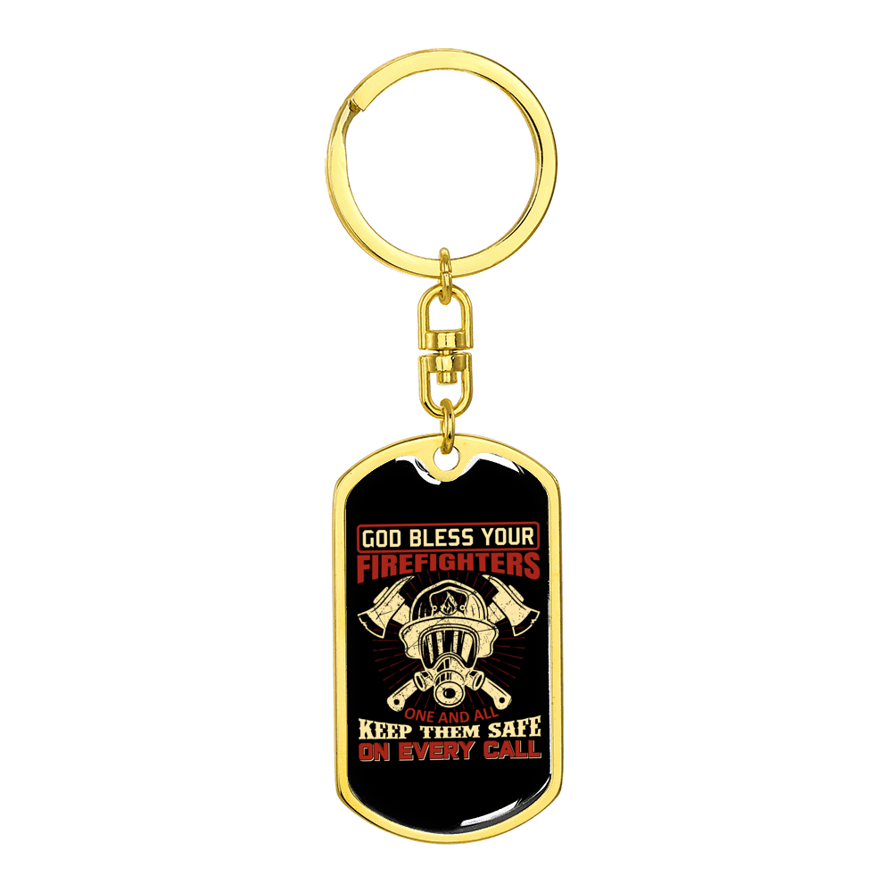 God Bless Your Firefighters Stainless Steel or 18k Gold Premium Swivel Dog Tag Keychain
