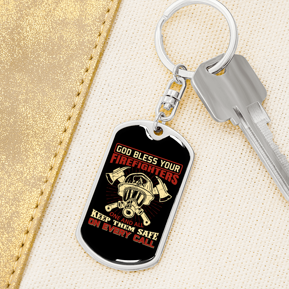 God Bless Your Firefighters Keychain Stainless Steel or 18k Gold Dog Tag Keyring-Express Your Love Gifts
