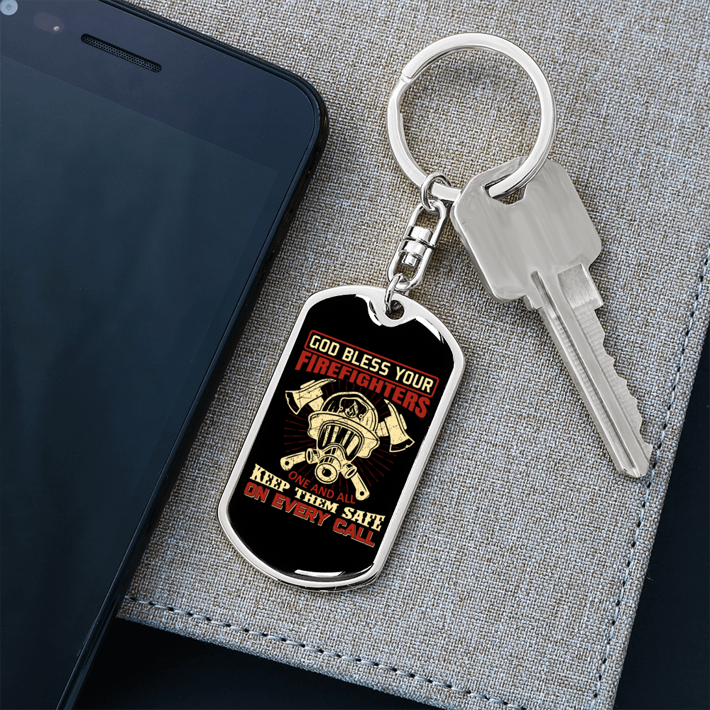 God Bless Your Firefighters Keychain Stainless Steel or 18k Gold Dog Tag Keyring-Express Your Love Gifts