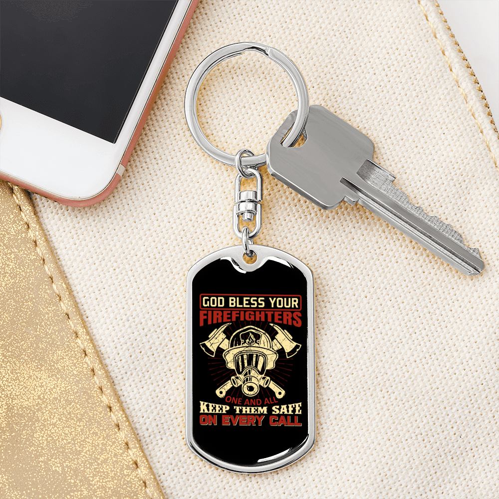 God Bless Your Firefighters Keychain Stainless Steel or 18k Gold Dog Tag Keyring-Express Your Love Gifts