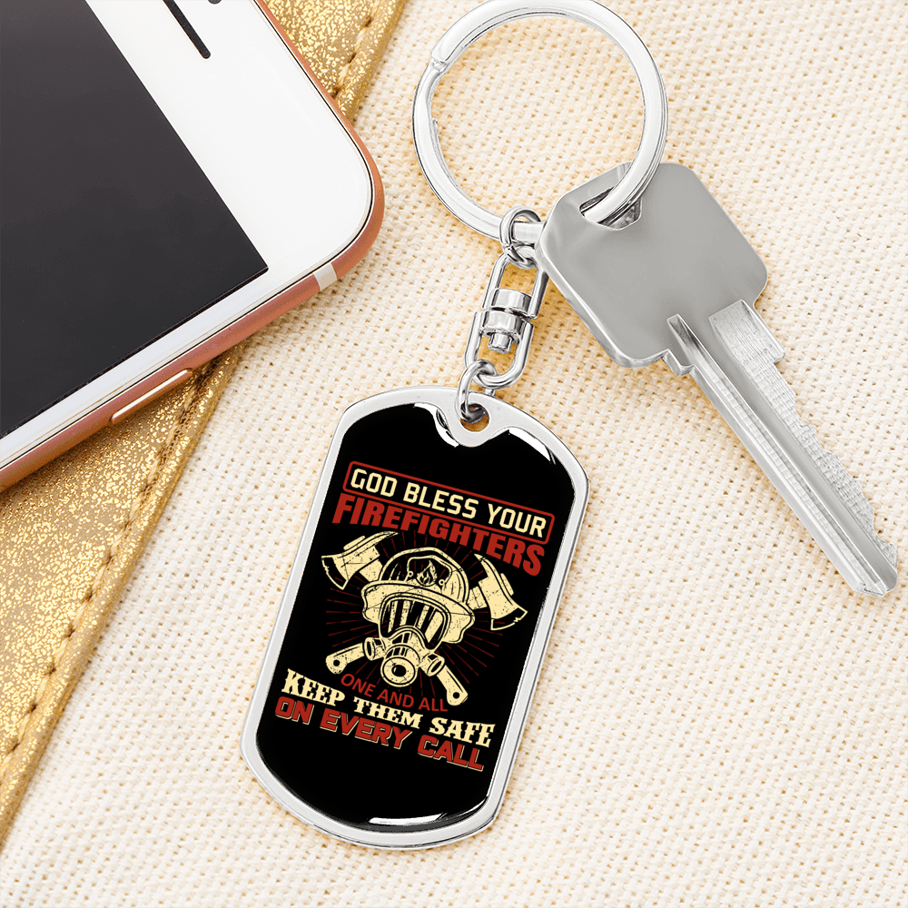 God Bless Your Firefighters Keychain Stainless Steel or 18k Gold Dog Tag Keyring-Express Your Love Gifts