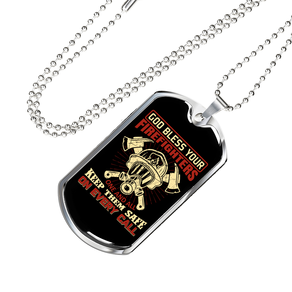 God Bless Your Firefighters Necklace Stainless Steel or 18k Gold Dog Tag 24" Chain-Express Your Love Gifts