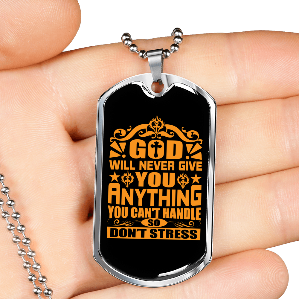 God Don't Stress You Necklace Stainless Steel or 18k Gold Dog Tag 24" Chain-Express Your Love Gifts