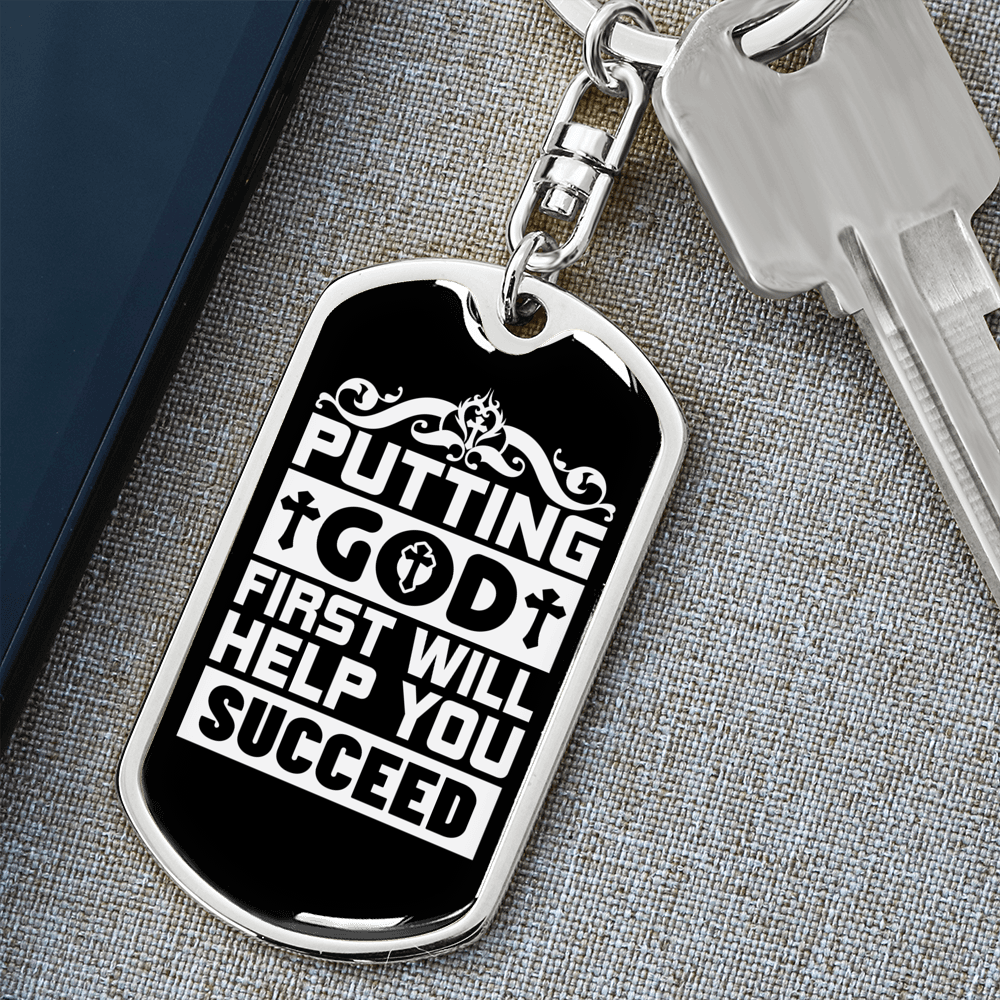 God First Keychain Stainless Steel or 18k Gold Dog Tag Keyring-Express Your Love Gifts