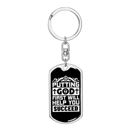 God First Will Help Keychain Stainless Steel or 18k Gold Dog Tag Keyring-Express Your Love Gifts