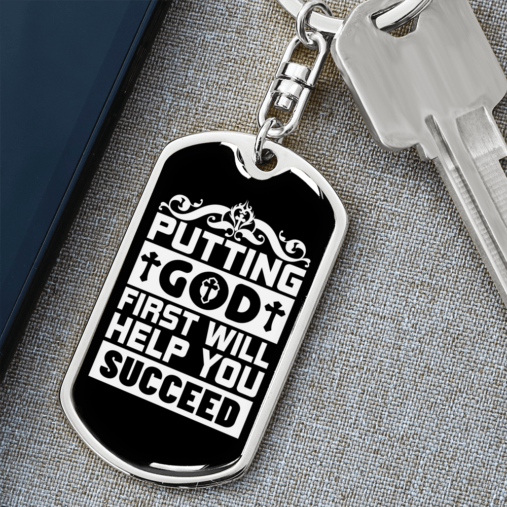 God First Will Help Keychain Stainless Steel or 18k Gold Dog Tag Keyring-Express Your Love Gifts