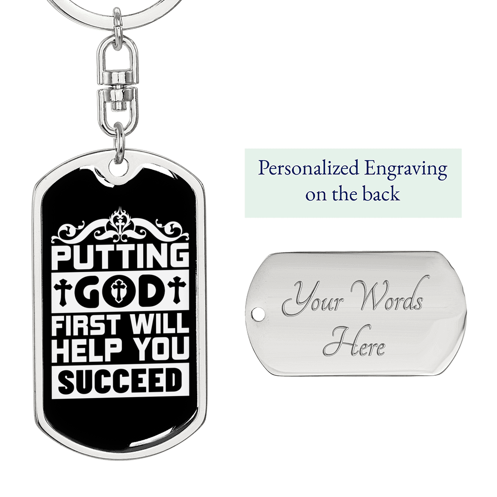 God First Will Help Keychain Stainless Steel or 18k Gold Dog Tag Keyring-Express Your Love Gifts