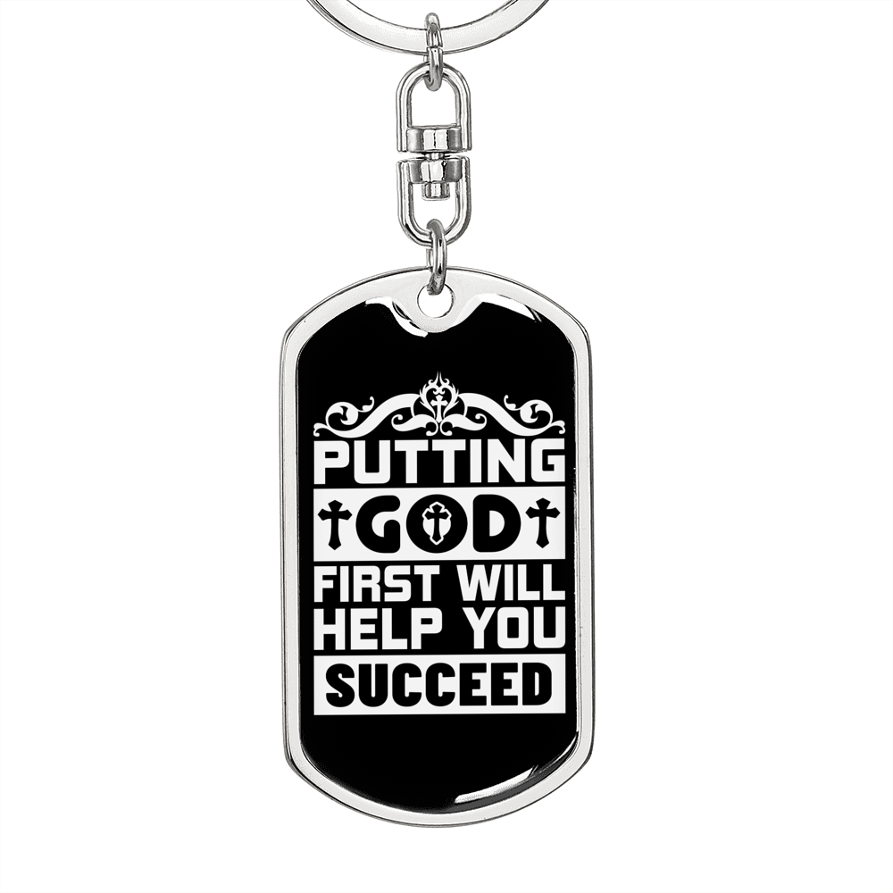God First Will Help Keychain Stainless Steel or 18k Gold Dog Tag Keyring-Express Your Love Gifts