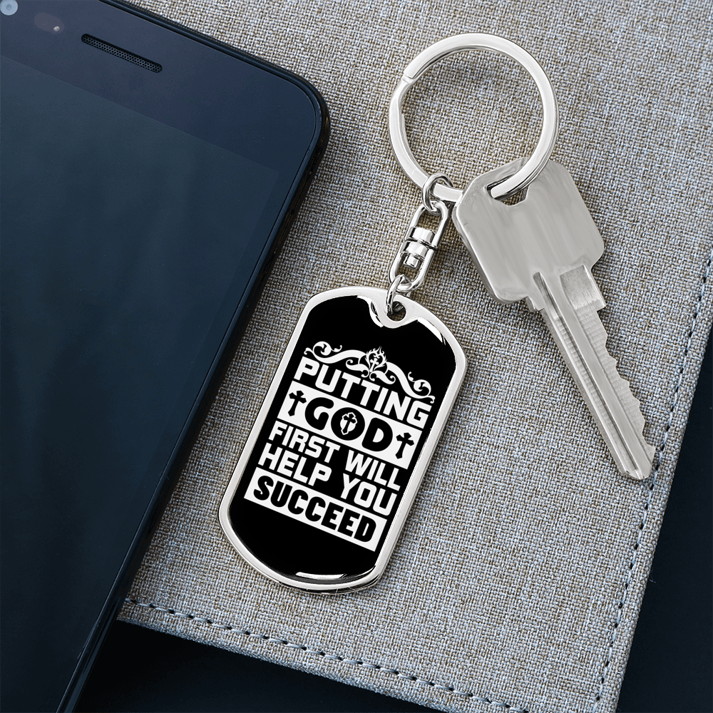 God First Will Help Keychain Stainless Steel or 18k Gold Dog Tag Keyring-Express Your Love Gifts