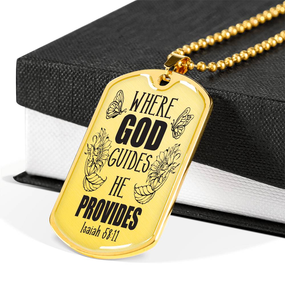 God Guides & Provides Necklace Stainless Steel or 18k Gold Dog Tag 24"-Express Your Love Gifts