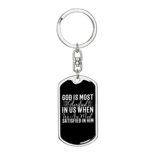 God Is Glorified White Keychain Stainless Steel or 18k Gold Dog Tag Keyring-Express Your Love Gifts