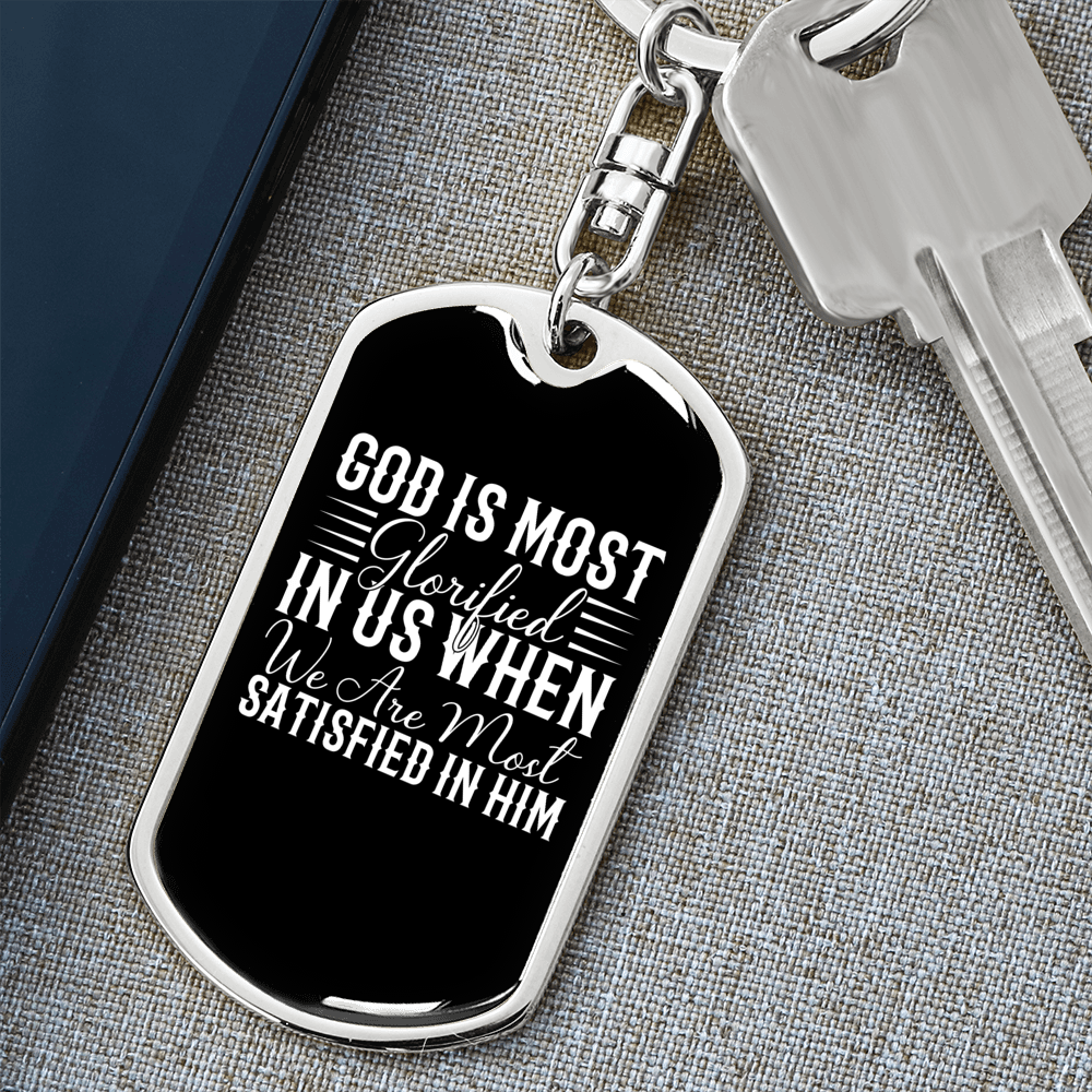 God Is Glorified White Keychain Stainless Steel or 18k Gold Dog Tag Keyring-Express Your Love Gifts