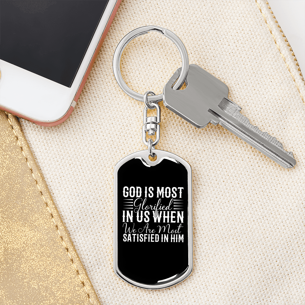 God Is Glorified White Keychain Stainless Steel or 18k Gold Dog Tag Keyring-Express Your Love Gifts