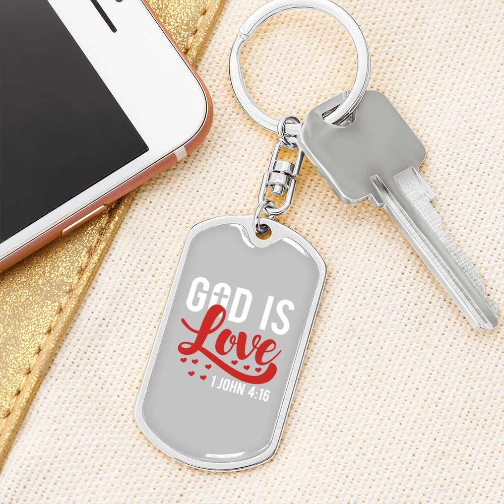 God Is Love Hearts Christian Keychain Stainless Steel or 18k Gold Dog Tag Keyring-Express Your Love Gifts