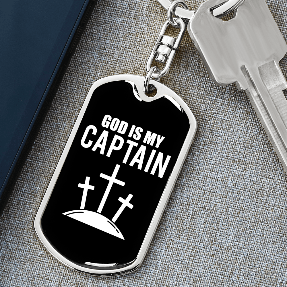God Is My Captain Cross Christian Keychain Stainless Steel or 18k Gold Dog Tag Keyring-Express Your Love Gifts