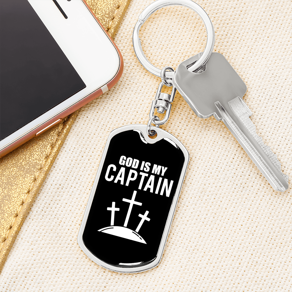 God Is My Captain Cross Christian Keychain Stainless Steel or 18k Gold Dog Tag Keyring-Express Your Love Gifts