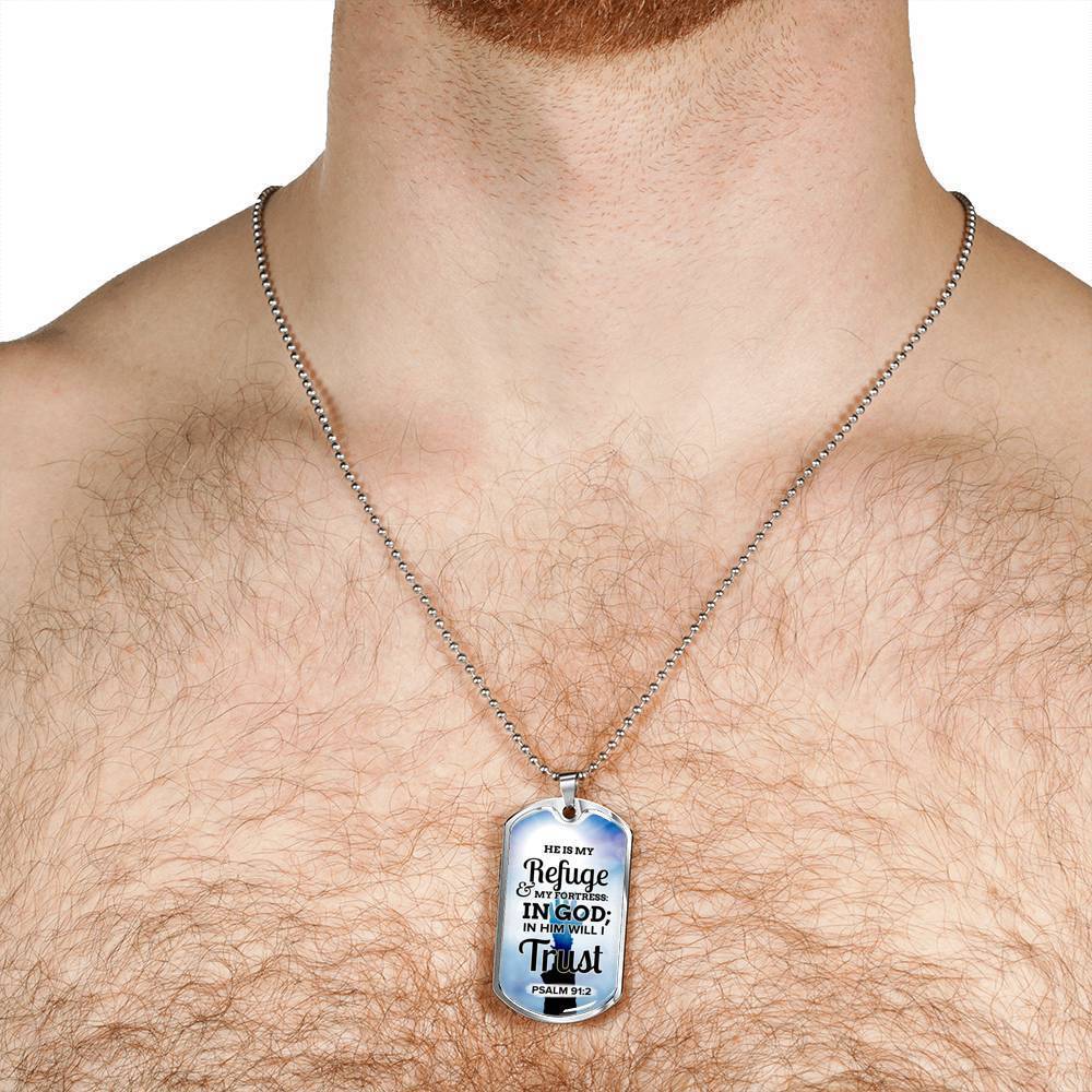 God Is My Refuge And Fortress Necklace Stainless Steel or 18k Gold Dog Tag 24"-Express Your Love Gifts