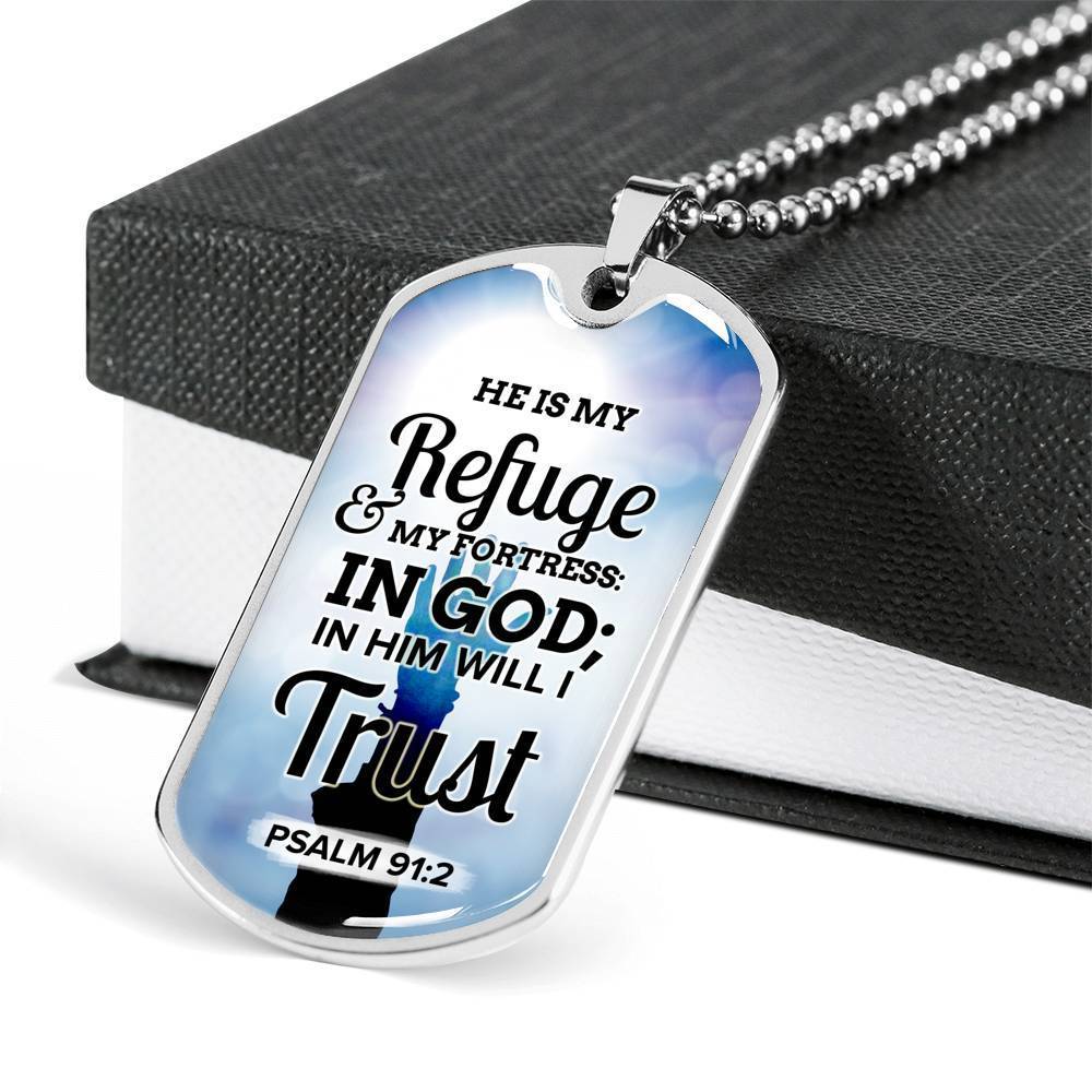 God Is My Refuge And Fortress Necklace Stainless Steel or 18k Gold Dog Tag 24"-Express Your Love Gifts