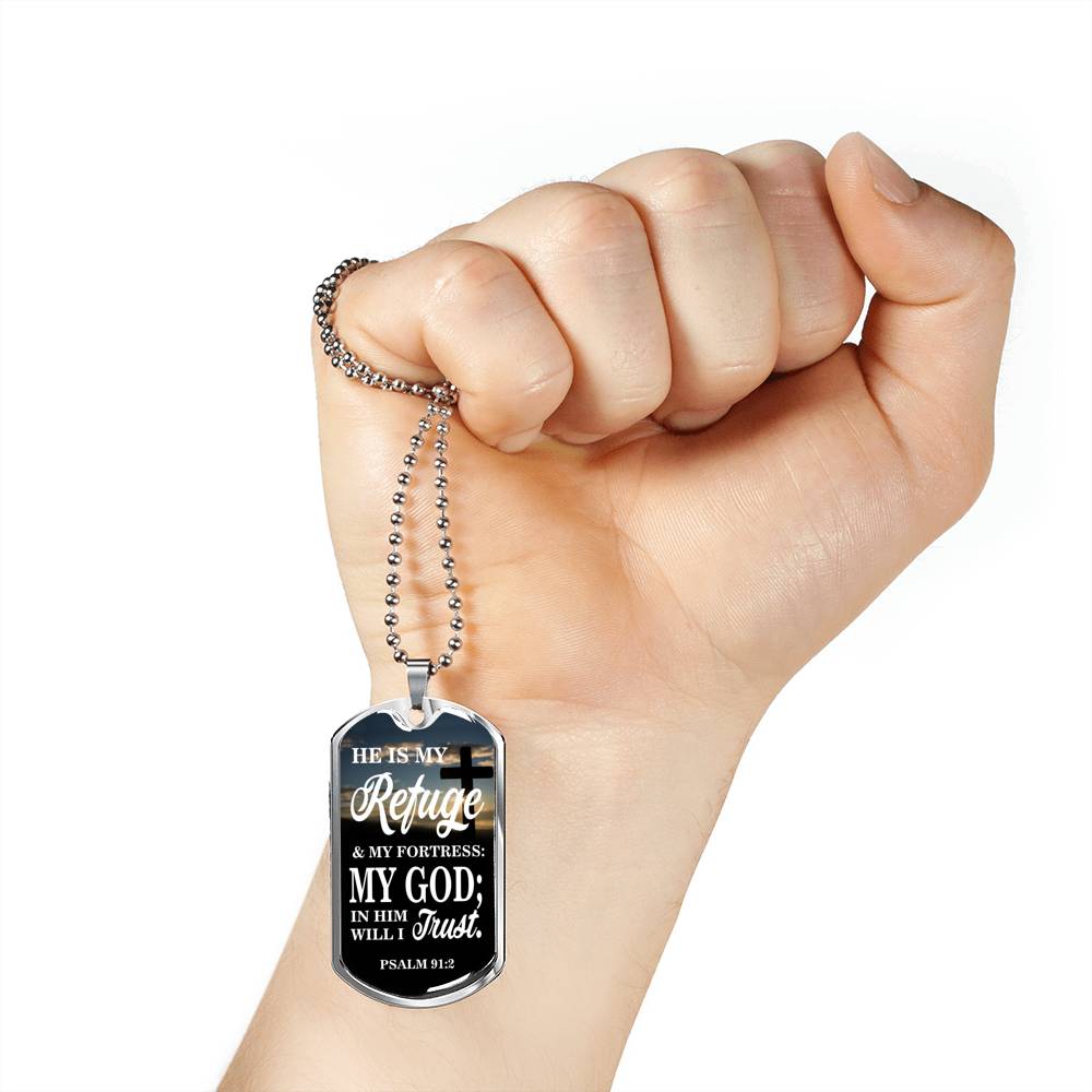 God Is My Refuge Christian Gift Necklace Stainless Steel or 18k Gold Dog Tag 24"-Express Your Love Gifts