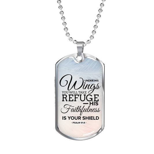 God Is My Refuge And My Shield Bible Verse Faith Necklace Stainless Steel or 18k Gold Dog Tag w 24" Chain