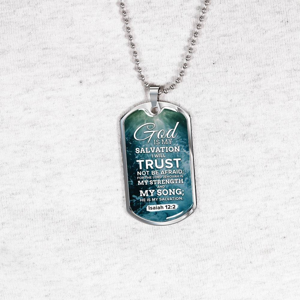 God Is My Strength & Salvation Necklace Stainless Steel or 18k Gold Dog Tag 24" Chain-Express Your Love Gifts